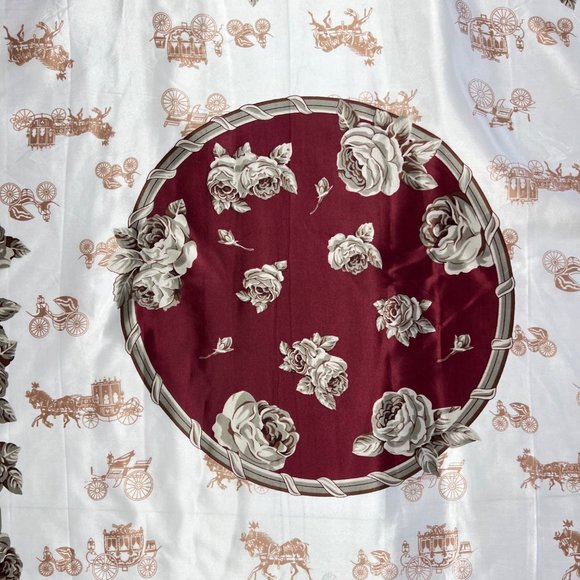 NEW Burgundy Red Ivory Roses and Carriages Printed Square Silky Scarf Wrap - Picture 3 of 7